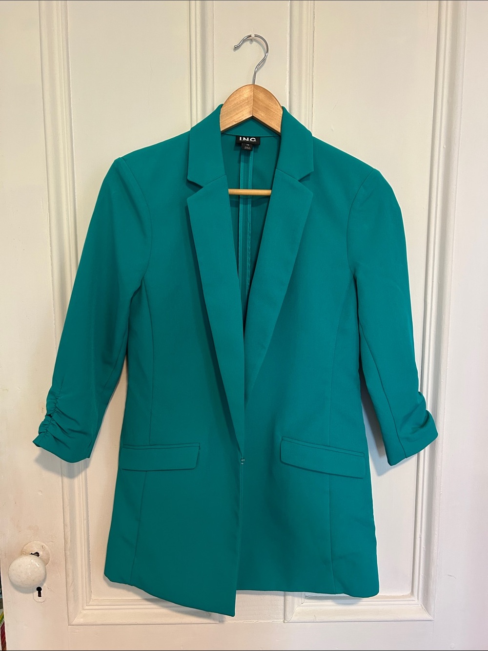 INC International Concepts Teal Longline Open Blazer with Ruched 3/4 Sleeves